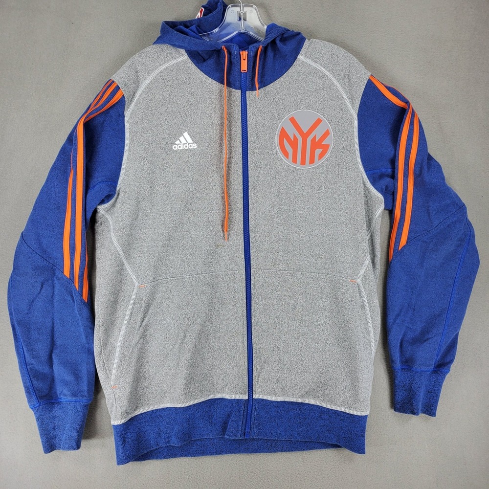 Adidas Full Zip Hoodie Mens M Gray Blue NYK Knicks NBA 3-Stripe Basketball